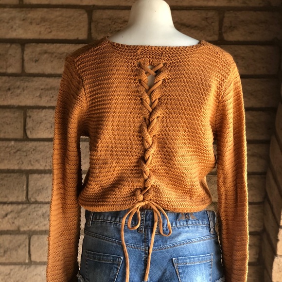 Pretty Guide Sweaters - PrettyGuide Sweater Long Sleeve Cable Lace Up Crop